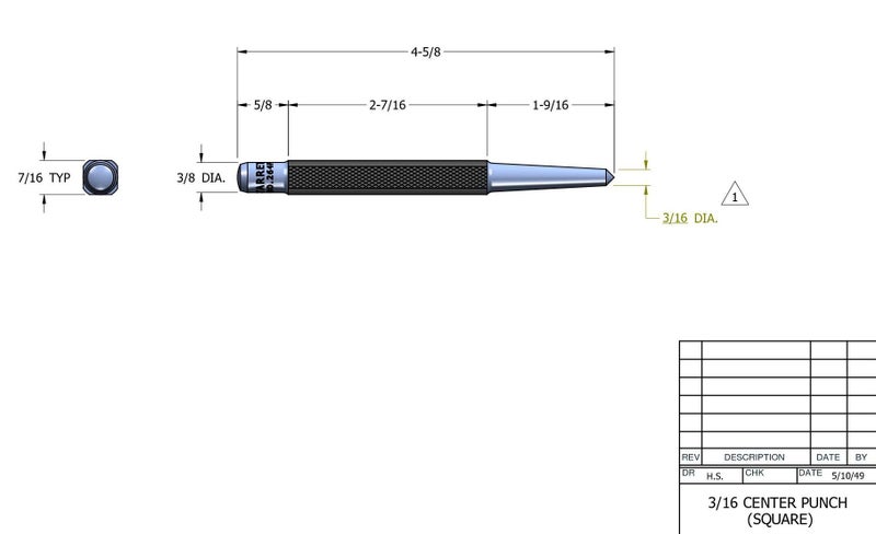 Starrett Steel Center Punch with Square Shank and Knurled Finger Grip - Hardened and Tempered, 4-1/2" Length, 3/16" Diameter Tapered, 7/16" Square Thickness - 264F - Image 3